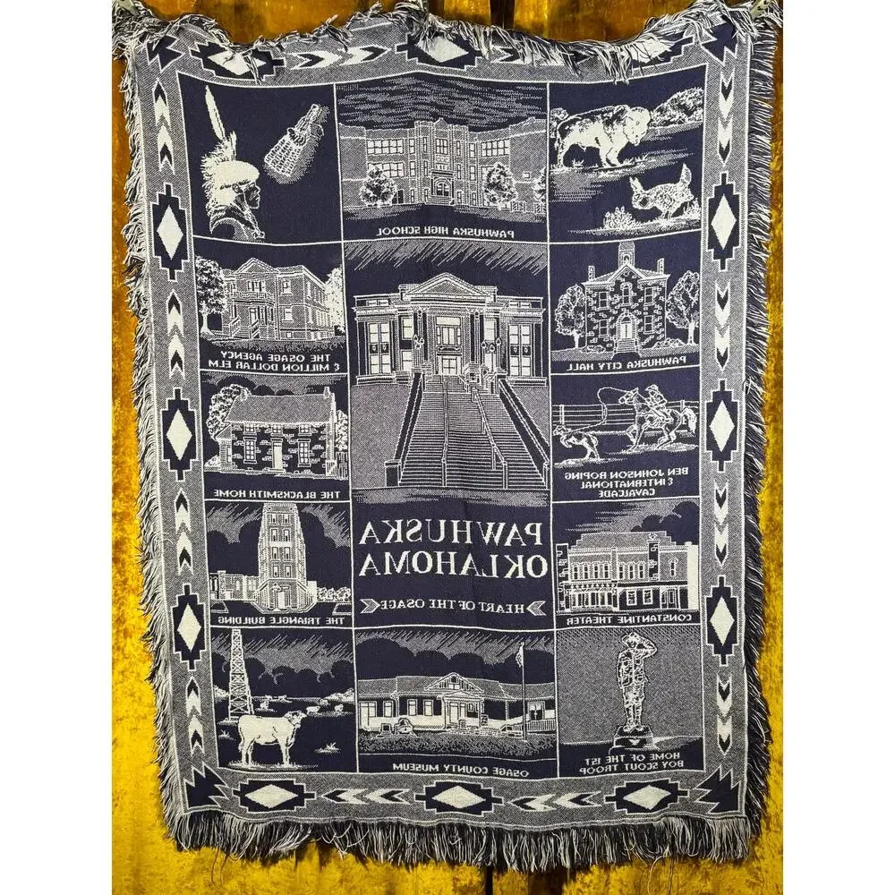 VTG Pawhuska Oklahoma Tapestry Throw Osage County NAVY BLUE 45x64, Fringe READ